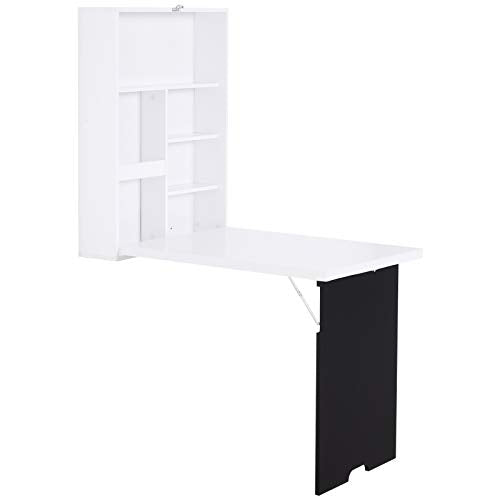 HOMCOM Wall Mounted Foldable Desk with a Blackboard, Fold Out Convertible Floating Desk with Shelves, White HOMCOM