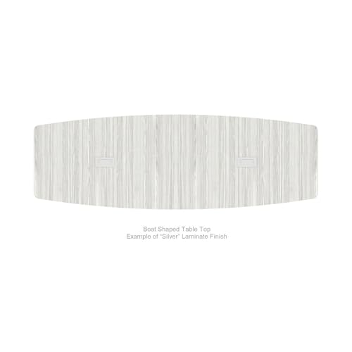 New Limited Edition 10 ft Conference Table Wood Boat Shaped Laminated Silver Finish Metal V Legs Sleek Grommets Racetrack Silver 2 Power Data Modules Desk Boardroom Ports Meeting Office Business WoodArtSupply