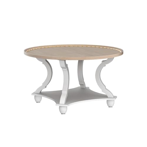 Wnutrees Farmhouse Round Coffee Table,Wood Tray Top Circle Coffee Table with Storage Shelf Rustic Style for Living Room and Vintage Finish,White Wnutrees