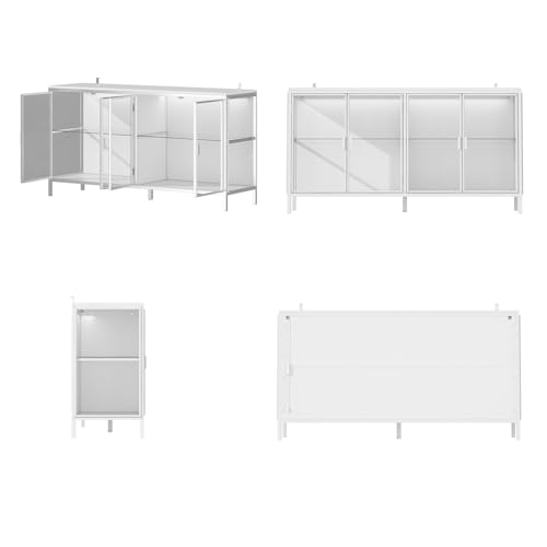FUNISIR Buffet Cabinet with Storage & LED Light, 55.1" Large Kitchen Sideboard with 4 Glass Doors, Modern Coffee Bar with Metal Frame, Console Table for Living Room, Dining Room, White FUNISIR