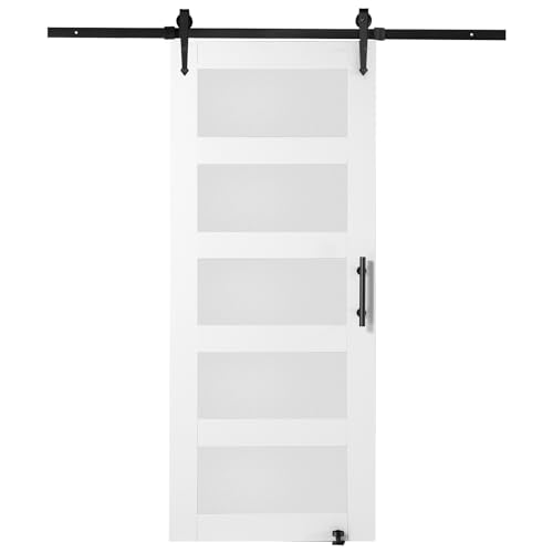 VEVOR 32in x 84in Glass Barn Door with 6FT Sliding Door Hardware Included & Handle, 5-Panel Frosted Glass Solid Wood Water-Proof PVC Surface, Pre-Drilled Easy Assembly, White VEVOR