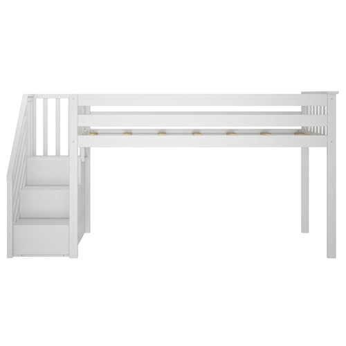 Max & Lily Low Loft Bed, Twin Bed Frame For Kids With Stairs, White Max & Lily