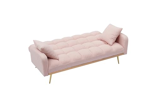 Ball & Cast Convertible Sleeper Sofa Bed with Adjustable Backrest,Teddy Upholstered Futon Couch Bed W/ 2 Pillows,Armrest and Metal Legs,Loveseat Sofa for Living Room,Apartment,Small Space,Pink,69" Ball & Cast