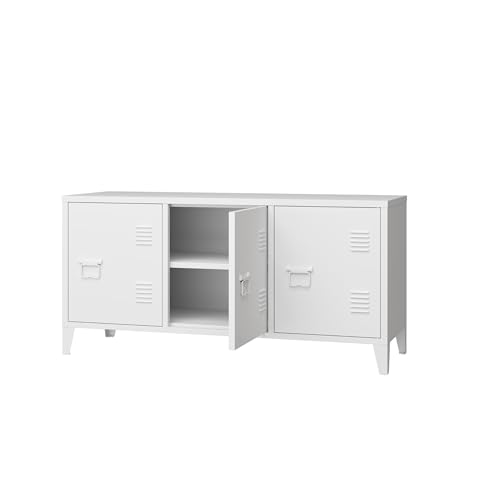 MIOCASA Metal Cabinet with Doors and Shelf,Industrial Steel Storage Cabinet TV Stand, 2 Tier Low Locker TV Cabinet for Home and Office White Size: 44.49W×15.75D×22.83H MIOCASA
