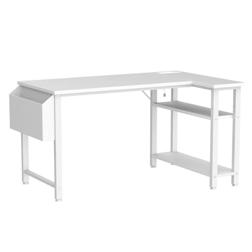 Lufeiya White L Shaped Computer Desk with Power Outlet Shelves, 40 Inch Small Corner Desk for Small Space Home Office, L-Shaped Desk PC Desks, White Lufeiya