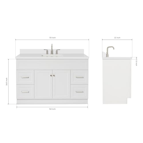 ARIEL Hamlet 55" White Bathroom Vanity with Sink, 1.5" Edge Pure White Quartz Countertop & Backsplash, Rectangular Sink, 2 Soft Closing Doors, 4 Full Extension Dovetail Drawers, Built in Toe Kick ARIEL