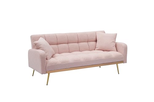 Ball & Cast Convertible Sleeper Sofa Bed with Adjustable Backrest,Teddy Upholstered Futon Couch Bed W/ 2 Pillows,Armrest and Metal Legs,Loveseat Sofa for Living Room,Apartment,Small Space,Pink,69" Ball & Cast