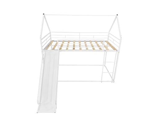 PVWIIK Twin Over Twin Metal Bunk Bed with Slide and Roof Design for Girls & Boys,House Shaped Bunk Bed Frame w/Ladder and Full-Length Guardrail,Floor Bunk Bed,No Box Spring Required,White PVWIIK