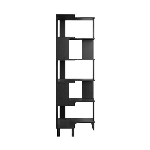 Prepac Nordik 6-Tier Black Modern Mid Century Corner Bookcase, 71.5" Extra Tall Black Corner Shelf with Storage, Multifunctional Freestanding Bookshelf for Home Office, Living Room, Dining Room Prepac