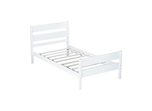 Ball & Cast Twin Bed Frame with Single Panel Headboard and Footboard,Wooden Platform Bed No Box Spring Needed,Wood Slat Support Mattress Foundation,White Ball & Cast