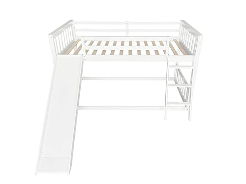 DNYN Twin Over Twin Bunk Bed with Slide for Kids Bedroom,Solid Wood Floor Bunkbeds for Boys and Girls,Easy Assembly & No Box Spring Needed & Space Saving Design, White DNYN