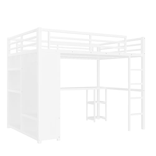 Bellemave Metal Queen Size Loft Bed with Desk and Wardrobe,Heavy Duty Loft Bed Frame with Storage Shelves for Kids,Teens,Adults, Space Saving,White Bellemave
