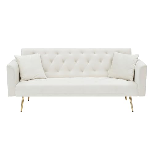 71" Modern Velvet Sofa Bed Futon, Convertible Sleeper Couch with Adjustable Backrest, Tufted Recliner Loveseat with Golden Chrome Legs & 2 Pillows for Small Spaces, Living Room, Apartment (Beige) Generic