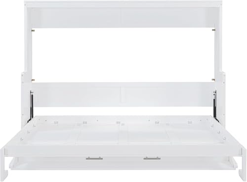 MERITLINE Queen Horizontal Murphy Bed with Desk,Wood Folding Hideaway Murphy Wall Bed for Adult,Guest Room,No Box Spring Needed, Easy Assembly (White,Queen) MERITLINE