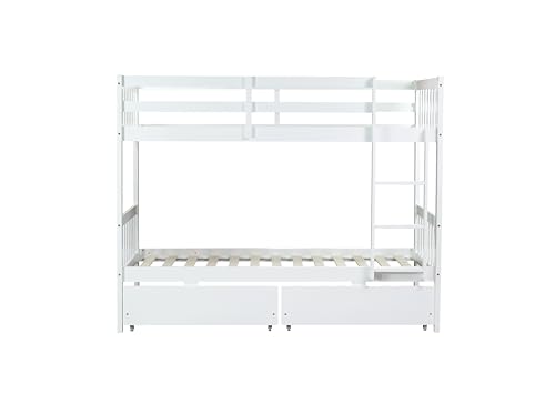 PVWIIK Twin Over Twin Wood Bunk Bed with 2 Drawers for Girls,Boys,Convertible into 2 Beds,Wood Bunk Bed with Ladder and Safety Guardrails,No Box Spring Needed, White PVWIIK