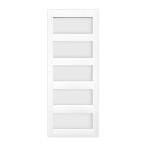 BARNSMITH 32in x 80in Glass Barn Door Slab,5-Panel Frosted Glass Solid Wood Slab with Water-Proof PVC Surface,No Pre-drilled Holes,Door Panel Only,White BARNSMITH