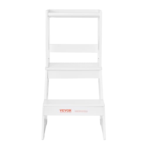 VEVOR Toddler Step Stool, Natural Pine Wood Kids Kitchen Stool Helper with Safety Rail, Standing Tower Learning Stool for Bedroom Bathroom Kitchen Counter, 150LBS Loading Capacity, White VEVOR