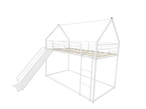 PVWIIK Twin Over Twin Metal Bunk Bed with Slide and Roof Design for Girls & Boys,House Shaped Bunk Bed Frame w/Ladder and Full-Length Guardrail,Floor Bunk Bed,No Box Spring Required,White PVWIIK