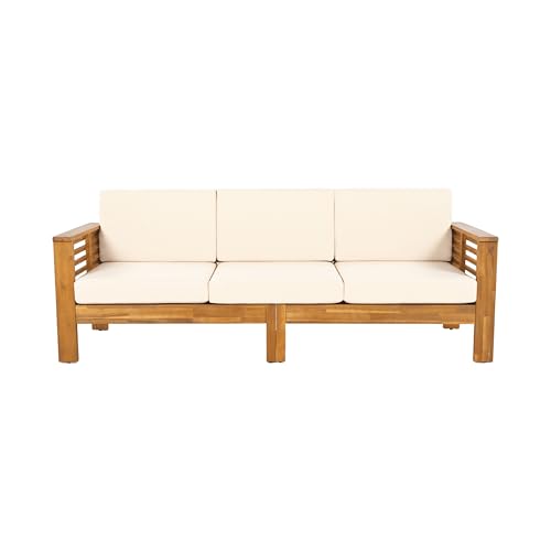 Merax 3 Piece Acacia Wood Patio Furniture Set, Outdoor Sectional Sofa Set with Coffee Table, 4 Seats Sofa Deep Seating with Soft Cushions for Garden, Backyard, Teak & Cream Merax