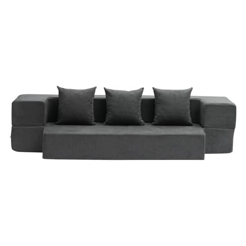 VEVOR Folding Sofa Bed, 3-in-1 Foldable Couch Bed with 3 Pillows and Washable Cover, 25D High Density Memory Foam Convertible Sleeper Chair Bed, Futon Couch for Living Room, Bedroom, Dark Grey(Twin) VEVOR