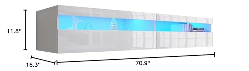 ANTISTA Floating TV Stand with Led Lights, 71 inch Wall Mounted TV Shelf with Power Outlet, Modern Entertainment Center Media Console with Storage Cabinet, Up to 80 Inch TVS, White ANTISTA