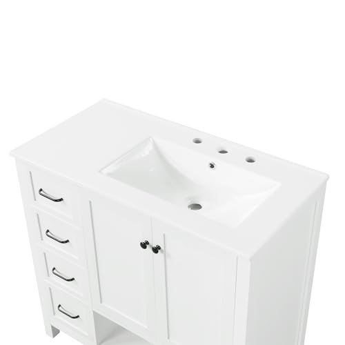 Merax 36" Bathroom Vanities Cabinet with Right Side Sink, Multi-Functional Drawers, Two Soft Closing Doors, Open Shelf, White Merax