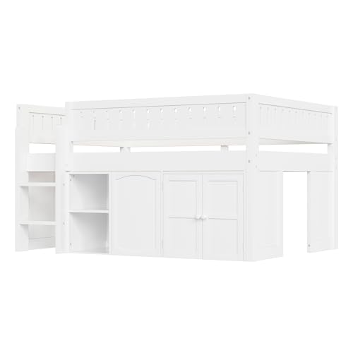 Harper & Bright Designs Low Loft Bed Full Size with Storage, Solid Wood Loft Bed with Cabinet and Chalkboard Panel, Multiple Functions Loft Bed Frame for Kids Teens Adults, White Harper & Bright Designs