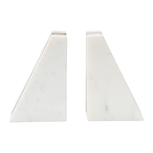 Main + Mesa Marble Geometric Bookends with Wood Inlay, White Main + Mesa