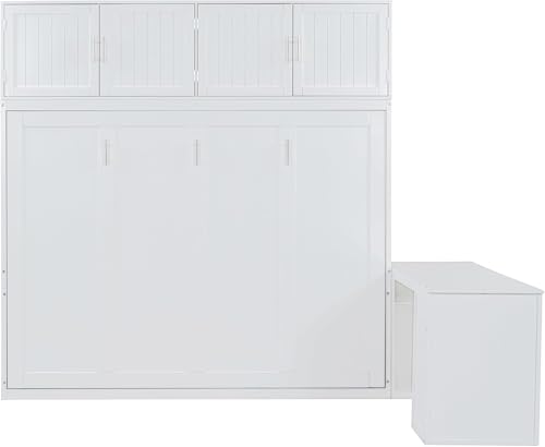 Virubi Queen Horizontal Murphy Bed with Desk and Storage Cabinets,Wood Murphy Wall Bed Queen Size Fold Up Bed Adult Murphy Bed Cabinet Queen Hideaway Bed for Guest Room Living Room Bedroom (White) Virubi