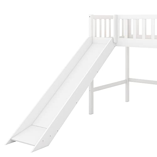 Bellemave Twin Size Loft Bed with Ladder & Slide, Toddler Loftbeds with Safety Rails,Wood Twin Low Loft Bed with Storage Space for Kids Toddler (White) Bellemave