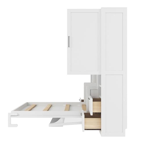 Merax Full Size Murphy Bed with Desk, Multifunctional Foldable Wall Bed with Closet, Drawers and Shelves, Space-Saving Wood Platform Bed Frame for Small Spaces Studio Study Office Guest Room, White Merax
