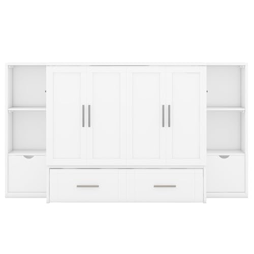 Queen Murphy Bed Wall Bed with Storage and Bookcase Headboard, Solid Wood Murphy Cabinets Bed with Shelves, Drawers and USB Ports, Multi-Function Platform Bed for Home Office, Guest Room - White Harper & Bright Designs