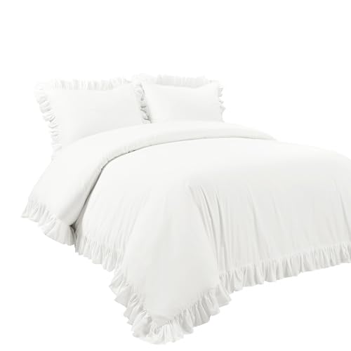 Lush Decor Reyna Ruffle Cotton Duvet Cover Set 3 Piece Set King, Pure White - King Size Bedding Set - White Duvet King- Ruffled Bedding - Coquette Decor Lush Decor