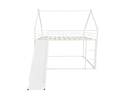 PVWIIK Bunk Bed Full Over Full with Slide for Girls,Boys,Full House Bunk Bed Frame with Guardrail & Ladder,Noise-Free,Easy Assemble,No Box Spring Needed,White PVWIIK