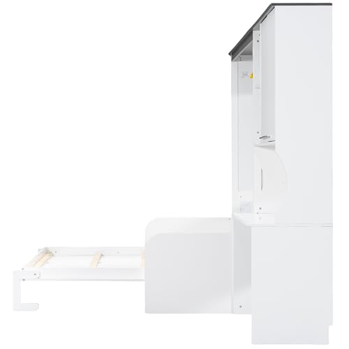 Merax Farmhouse Multi-Functional Murphy Bed with Sofa, Desk & Storage Cabinet,Solid Wood Foldable Wall Bed/Space Saving/No Box Spring Needed/Full,White + Gray Merax