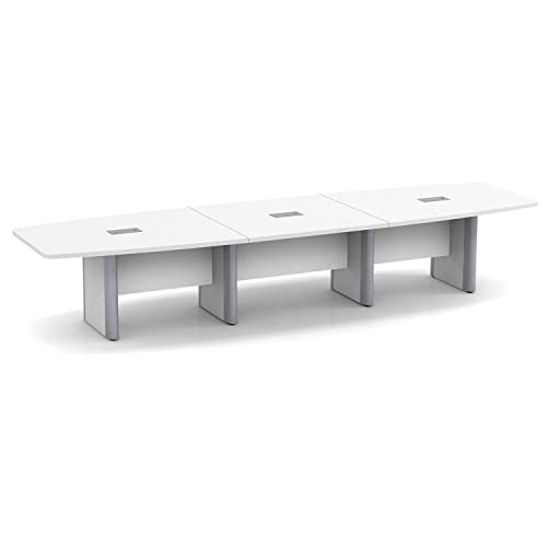 Thaweesuk Shop 16 FT Modern Executive Boat Shaped Conference Table Room Wood Hide Wires Inside Elliptical Metal Legs Desk Grommets Racetrack 3 Power Modules Silver Boardroom Business Furniture White Generic