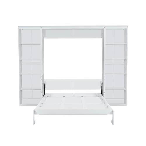 SOFTSEA Queen Size Murphy Bed with Desk, Space Saving Foldable Wall Bed Frame with Storage Shelves, Hideaway Wall Murphy Bed Cabinet for Small Room, Guest Room, White SOFTSEA