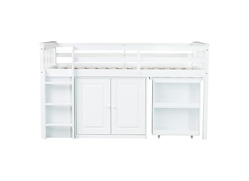 PVWIIK Twin Size Low Loft Bed with Storage Drawer & Desk for Kids,Wood Loft Bed w/Shelf,Space Saving,No Box Spring Needed,White PVWIIK