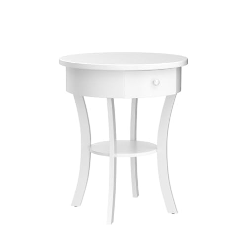 Giantex Round End Table with Drawer, 2-Tier Wood Side Table w/Open Shelf, Small Sofa Side Table for Small Space, Multipurpose Accent Table for Bedroom Living Room Home (1, White) Giantex