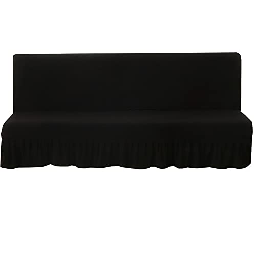 Futon Cover-Stretch Armless Futon Covers Full Size With Skirt Ruffled Futon Sofa Cover Washable Folding Sofa Bed Cover Soft Futon Couch Cover Slipcover With Elastic Bottom For Kids,Pets(Black) ANWUCHEN