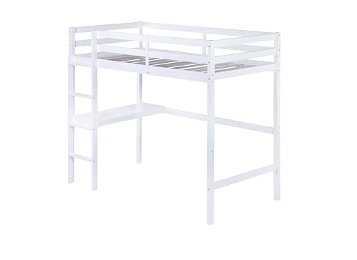 Twin Size High Loft Bed with Built-in Desk,Rubber Wood Loft Beds for Kids with Ladder & Safety Guardrail,Space-Saving Study and Sleep Combination,Wooden Frame for Bedrooms,Easy Assembly,White GDFStudio