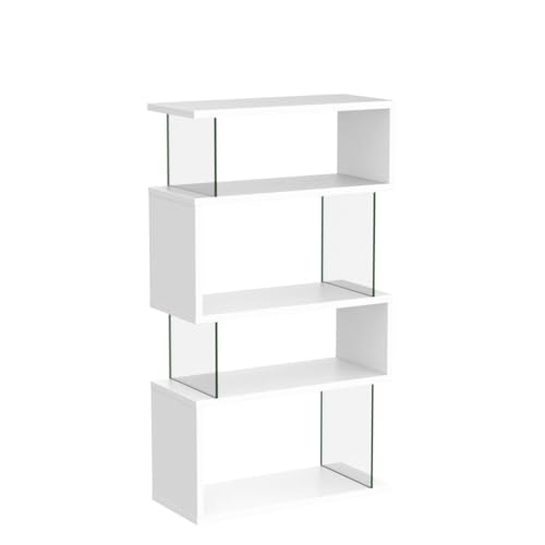 BOWERY HILL Cool Modern 4 Shelf Asymmetrical Snaking S-Shape Bookcase in Glossy White and Glass BOWERY HILL