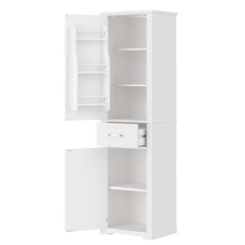 Pasirou 72" Tall Narrow Storage Cabinet with 2 Doors and One Drawer, Modern Freestanding Pantry Organizer with Adjustable Shelf and Door Shelves for Bathroom, Home Office, Kitchen, White Pasirou
