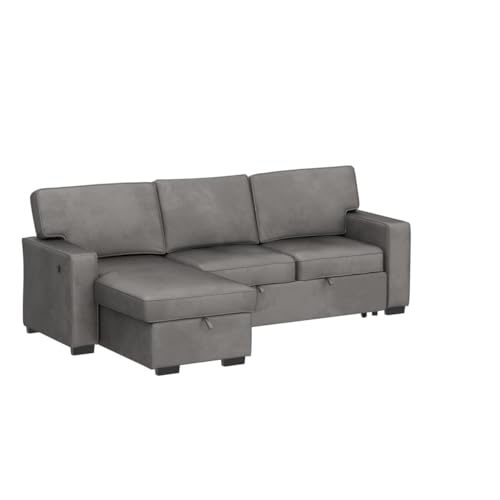 EBELLO Convertible Sleeper Sofa 3 in 1, Chenille Modern L-Shaped Couches for Living Room, Pull Out Sectional Futon Sofa Bed with Storage Space, USB Ports and Cup Holders for Bedroom, Grey EBELLO