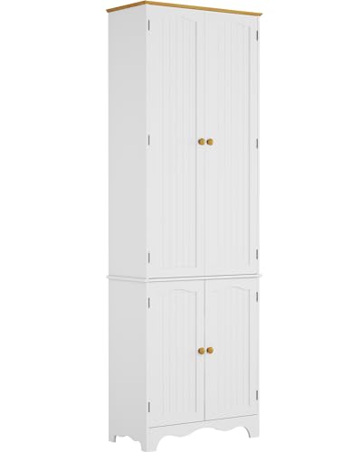Yusong 72'' Tall Kitchen Pantry Cabinet, Freestanding Storage Cabinet with Doors and Shelves, Wooden Food Pantry Farmhouse Cupboard Buffet for Kitchen Dining Living Room, White Honey Yusong