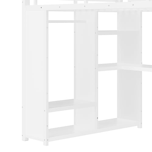Bellemave Metal Queen Size Loft Bed with Desk and Wardrobe,Heavy Duty Loft Bed Frame with Storage Shelves for Kids,Teens,Adults, Space Saving,White Bellemave