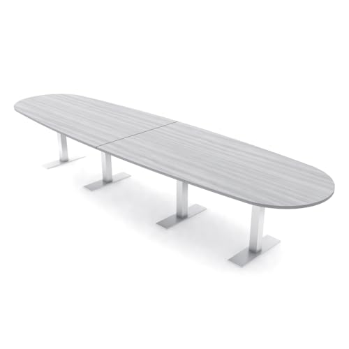 SKUTCHI DESIGNS INC. 14-Person Oval Boat-Shaped Conference Table | Harmony Series Modular Office Table with Brushed Silver Metal T-Base | Meeting Tables for Offices, and Homes | White Cypress - 14 Ft SKUTCHI DESIGNS INC.
