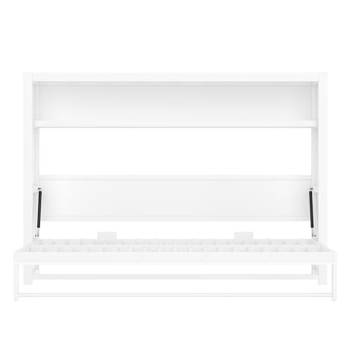 SOFTSEA Twin Size Metal Murphy Bed with Storage Shelves & Hanging Rod, Twin Horizontal Wall Bed Cabinet, Space-Saving Hideaway Folding Bed Frame for Guest Room, White SOFTSEA