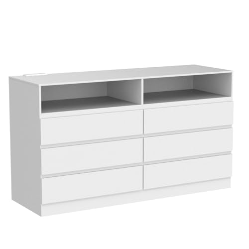 Gyfimoie 6 Drawer Double Dresser with Power Outlet, Accent Chests of Drawers with LED Light, Modern White Storage Dresser with Charging Station (Mirror Not Included) Gyfimoie