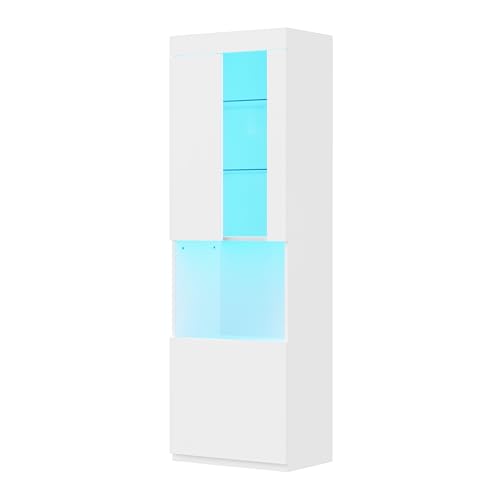 Ball & Cast High Gloss Storage Cabinet with LED Lights,67" Tall Pantry Cabinet W/Acrylic Door,Modern Bookcase & Display Cabinet W/Open Countertop & Tempered Glass Shelves for Living Room,White Ball & Cast